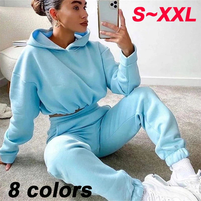 New women's two-piece solid color sportswear set with exposed navel hoodie and jogging pants sportswear casual jogging set