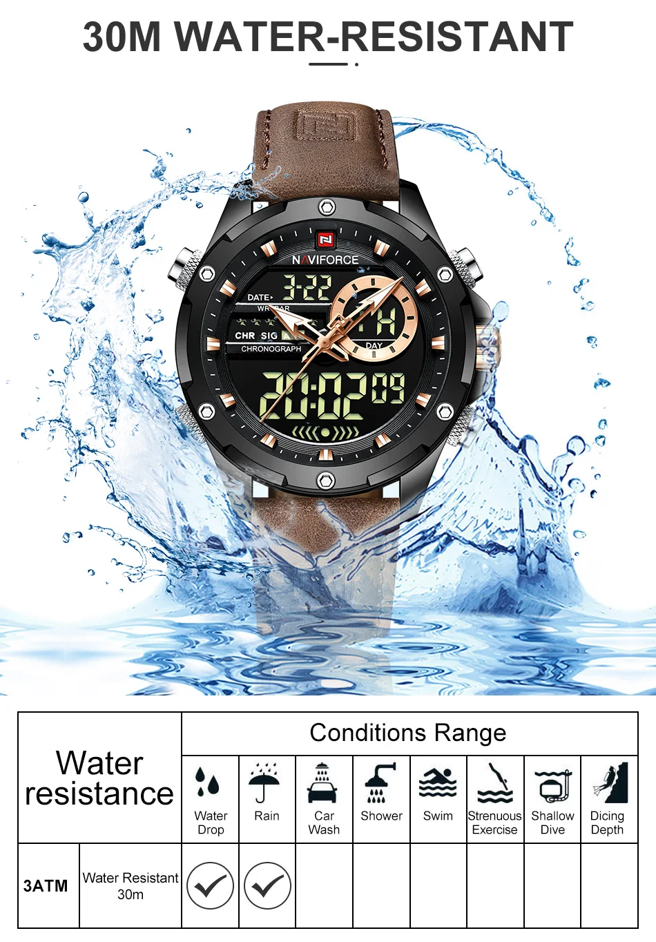 NAVIFORCE Digital Men Military Watch Waterproof Wristwatch LED Quartz Clock Sport Watch Male Big Watches Men Relogios Masculino