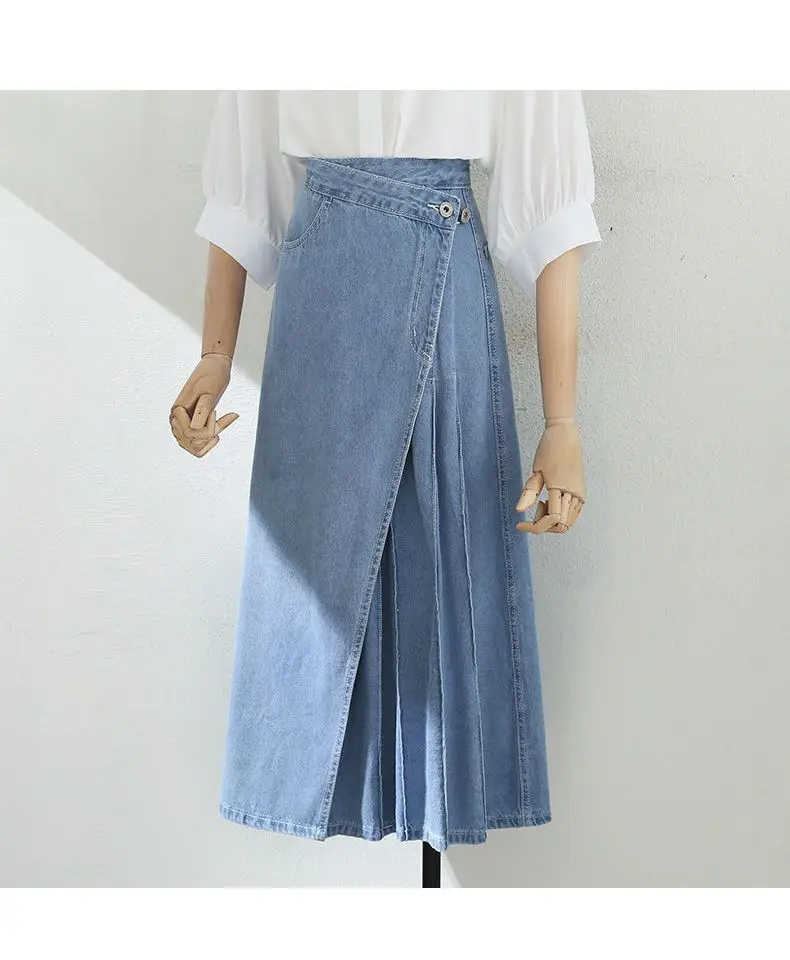 Long Skirt Irregular Patchwork High Waist 2024 Summer Pleated Skirts For Women Fashion Large Size A-Line Denim Skirts Korean
