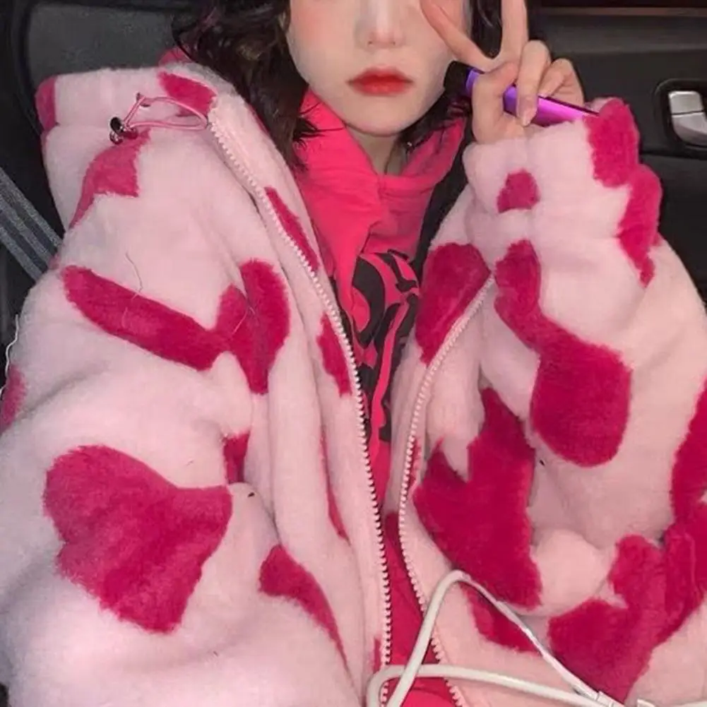 

Plush Sweatshirt Coat Heart Bear Print Outwear Women's Cozy Fleece Hooded Jacket with Pockets Zipper Placket for Autumn/winter