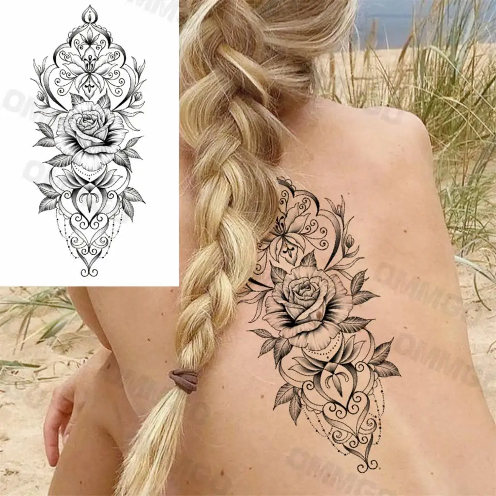 

3D Realistic Rose Flower Back Temporary Tattoos For Women Adult Girl Geometric Peony Mandala Fake Tattoo Body Art Painting Tatoo