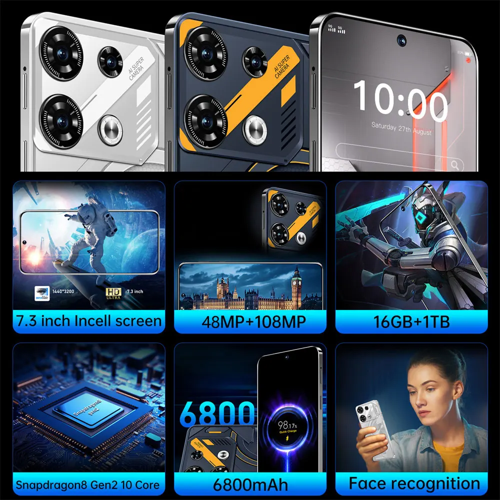 GT10 프로 스마트폰, 듀얼 심, 5G HD, 얼굴 인식, 안드로이드 휴대폰, 16GB + 1TB, 2024 신제품