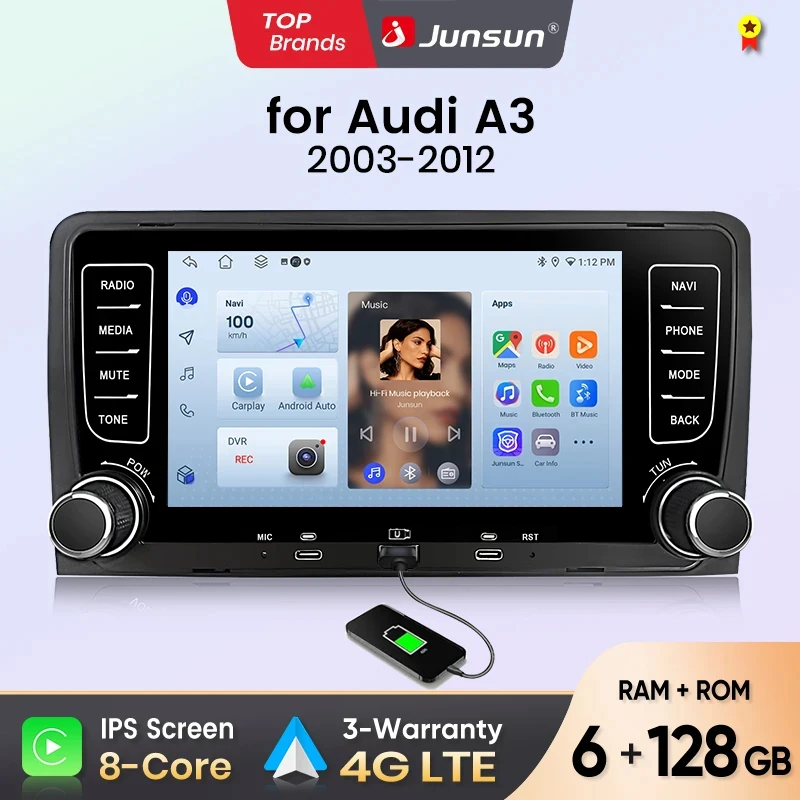 Radio para Auto Junsun de 7 Pulgadas para Audi A3 8P S3 RS3 2003-2012, CarPlay, Android Auto, FM, RDS, DSP, BT, GPS, Navegador, SWC, Pantalla Táctil HD IPS, Reproductor Multimedia Plug & Play, Llamadas Manos Libres, Unidad Principal con Estilo Original del Auto 1