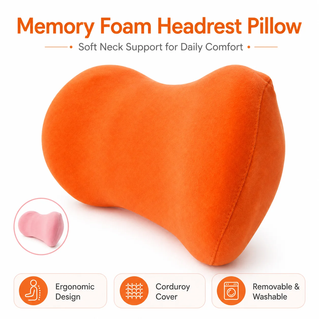 Ergonomic Memory Foam Neck Support Pillow with Soft Corduroy Cover, Removable & Washable, in Vibrant Orange Pink