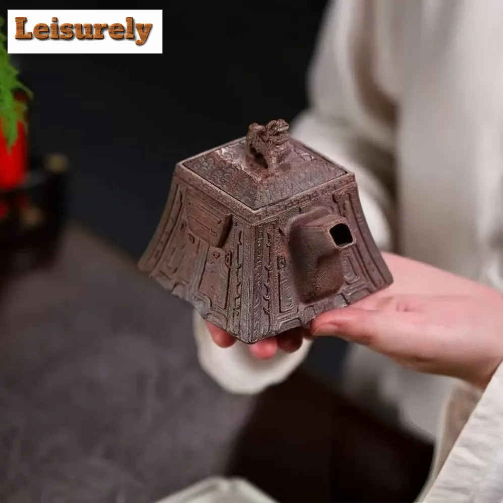 195ml Yixing Purple Clay Teapots Handmade Square Dragon Zun Pot Raw Ore Wood-fired Porcelain Mud Tea Soaking Kettle Zisha Teaset