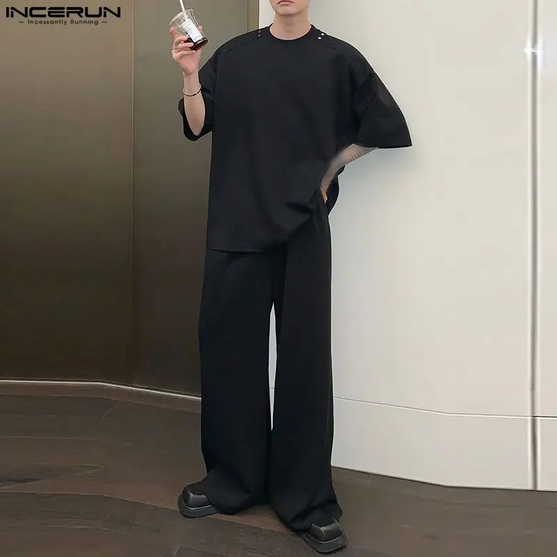 INCERUN 2023 Korean Style New Men's Sets Small Neckline Loose Short Sleeved Tops Straight Pants Casual Solid Suit 2 Pieces S-5XL