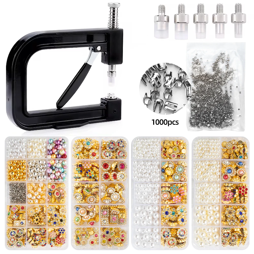 Pearl Tools Set Hand Pearl Setting Machine Plastic Beads Rivet Fixing Machine with Beads Screw Heads for DIY Bags/Clothes/Skirts