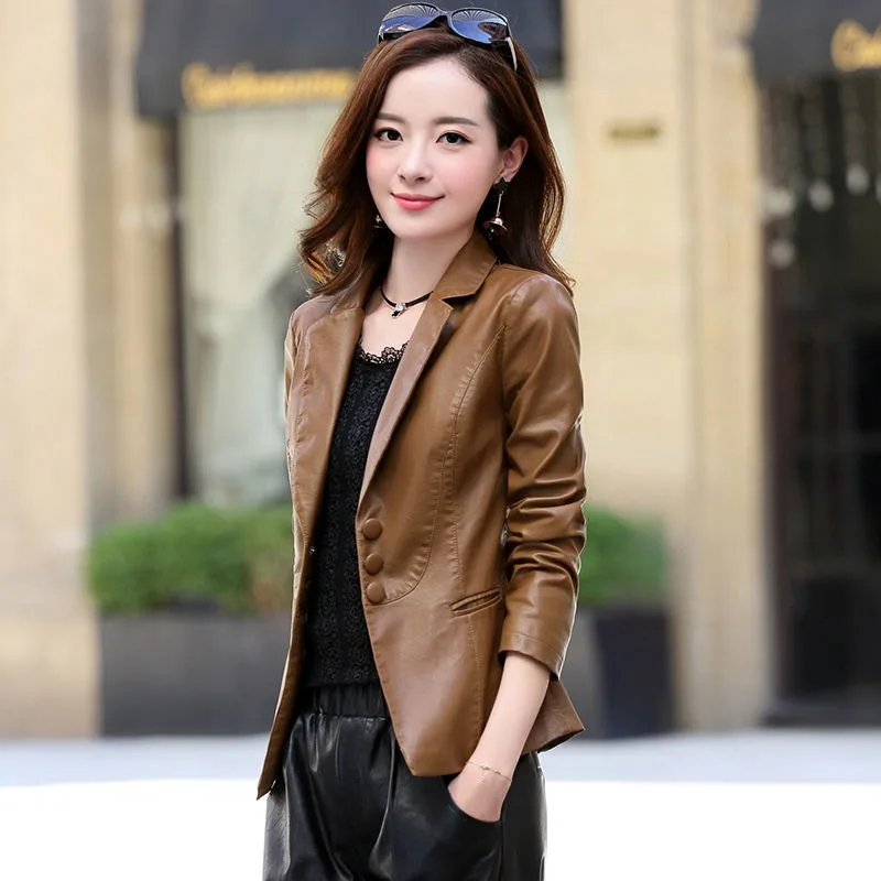 2023 Spring Autumn New Motorcycle Wind Short Suit Collar Slim-fit Imitation Sheep Leather Jacket Show Thin Loose Coat Women