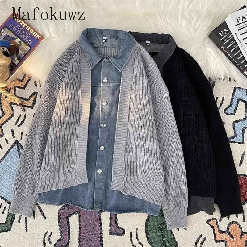 Spring Autumn Denim Splicing Cardigan Sweaters Couple Casual Loose High Street Sweater Jackets Men Overcoat Male Clothes