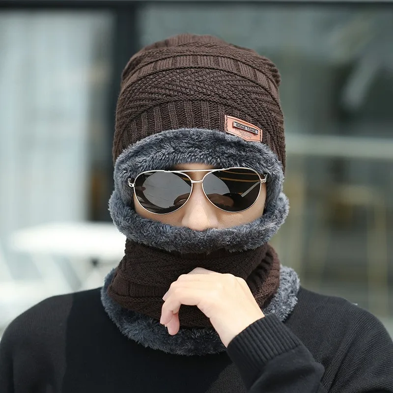 Winter hat men's warm and cold resistant with thick woolen hat cotton cycling knitted neck protection scarf two-piece se