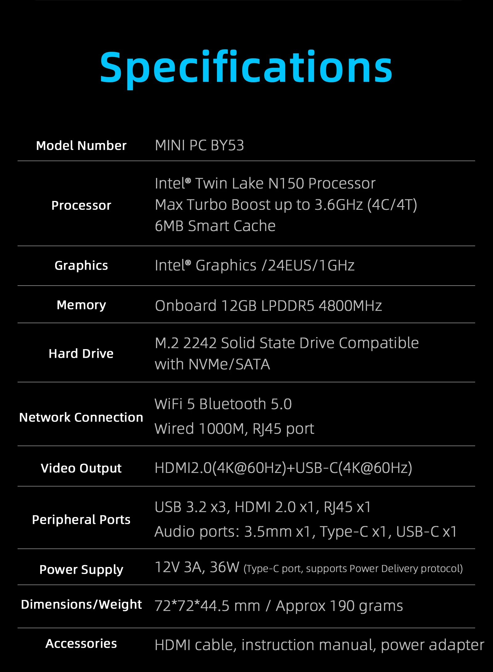 BY53 Windows 11 Mini PC Intel N150 12GB LPDDR5 M.2 2242 SSD With HDMI 2.0 4K Out