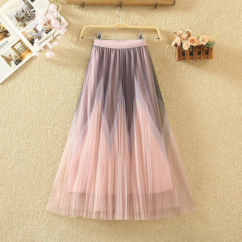 

Женская плиссированная юбка с высокой талией, элегантная Милая сетчатая трапециевидная юбка с градиентом, уличная одежда, весна-лето 2022