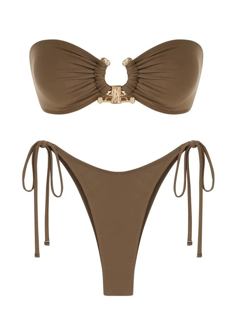 Solid O Ring 2024 New Swimsuit For Women Tie Side Shiny Metal Hardware Ring Bandeau Bikini Swimwear Padded Bra Top Low Waisted