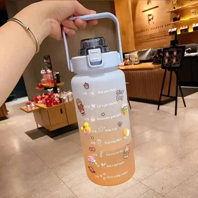 2L Colorful Frosted Water Bottle With Straw And Cute Sticker Kawaii Motivational Time Marker Sport Workout Portable Drinking Cup 4