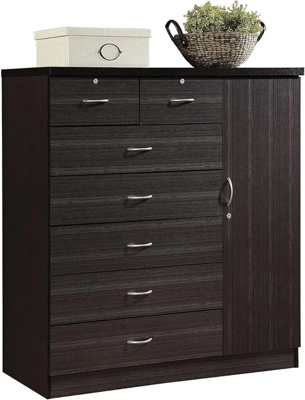 

Hodedah 7 Drawer Jumbo Chest, Five Large Drawers, Two Smaller Drawers with Two Lock, Hanging Rod, and Three Shelves | Chocolate