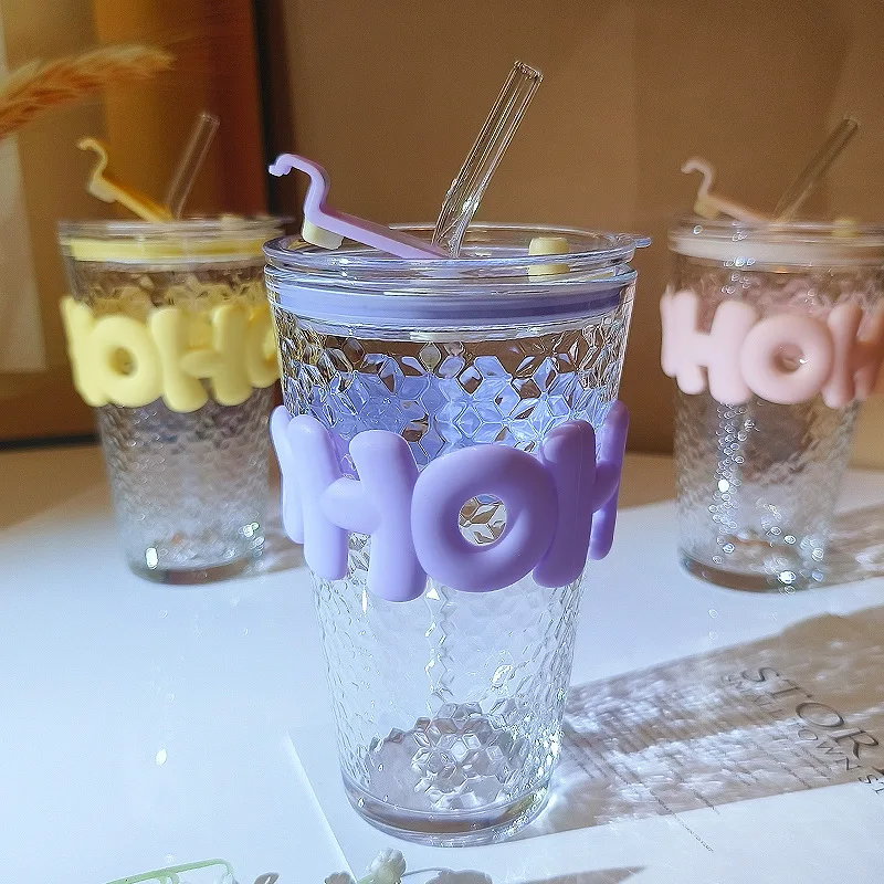Hammer Double Drink Straw Cup High Beauty Coffee Cup Scald Proof Glass Cold Drink Juice Cup Milk Cup Covered Cup
