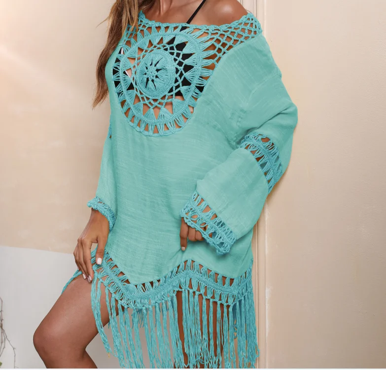 

2023 Spring Summer Beach Resort Bikini Blouse Fringed Skirt Hand Hook Stitching Dress Women Sunscreen Lady Sky Blue