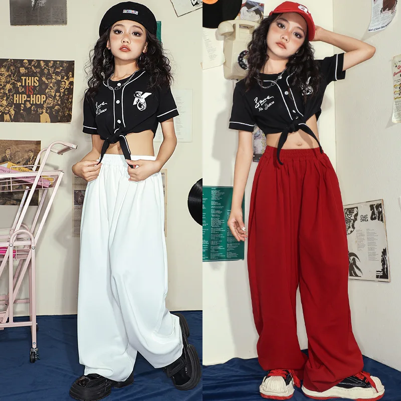 Loose-Fitting Hip-Hop Clothing for Girls Wide Leg Pants  Lace-Up T-Shirt Jazz Dance Cool Performance Practice Set
