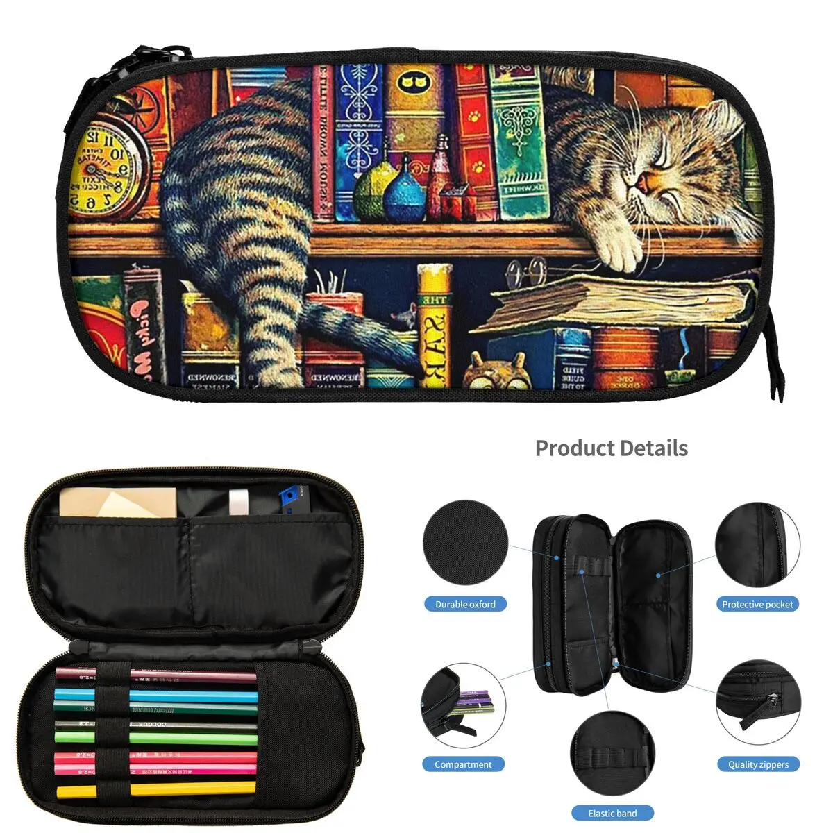 책장 위의 귀여운 고양이 학생용 연필 케이스 학교 펜 박스 연필 가방 대형 수납 연필 파우치