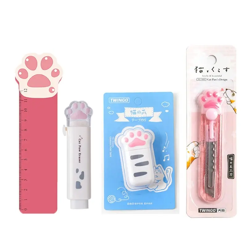 Stationery Set 4pcs Cat Paw Utility Knife Correction Tape Rubber Eraser Ruler Cute Kawaii Cartoon Office School Supplies