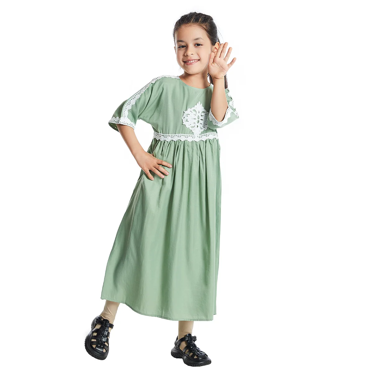 

Girls Lace Dress Summer Cotton Casual Dresses Muslim Kids Islamic Fashion Ramadan Short Sleeve Abaya Arabic Kimono Caftan Gowns