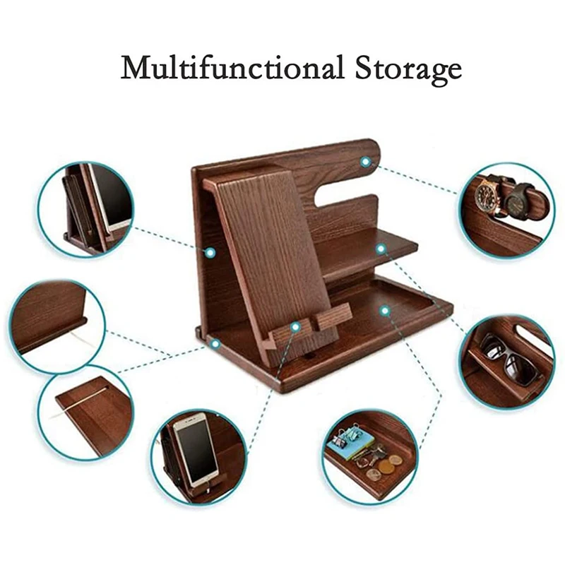 Wooden Bedside Wood Phone Docking Station Holder Wallet Stand Multifunctional Watch Storage Rack Home Desktop Decoration 4