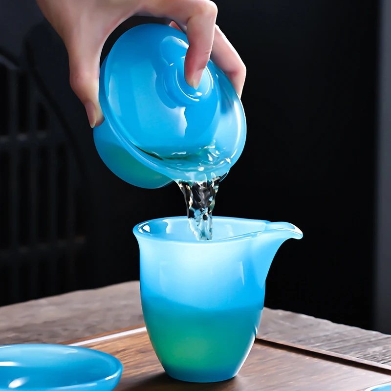 Chinese Tea Bowl Ice Blue Jade Porcelain Gaiwan Glass Coloured Glaze Large Capacity Kungfu Gawian Tea Set for Cha Hai