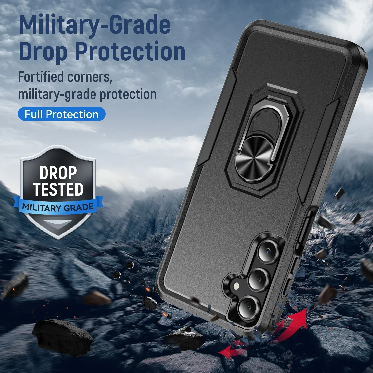 Durable Metal Ring Holder Phone Case with TPU Frame and Plastic Back Cover