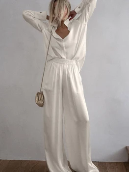 Marthaqiqi Loose Female Nightgowns Set Turn-Down Collar Sleepwear Long Sleeve Nightwear Pants Casual Women Pajamas 2 Piece Suits
