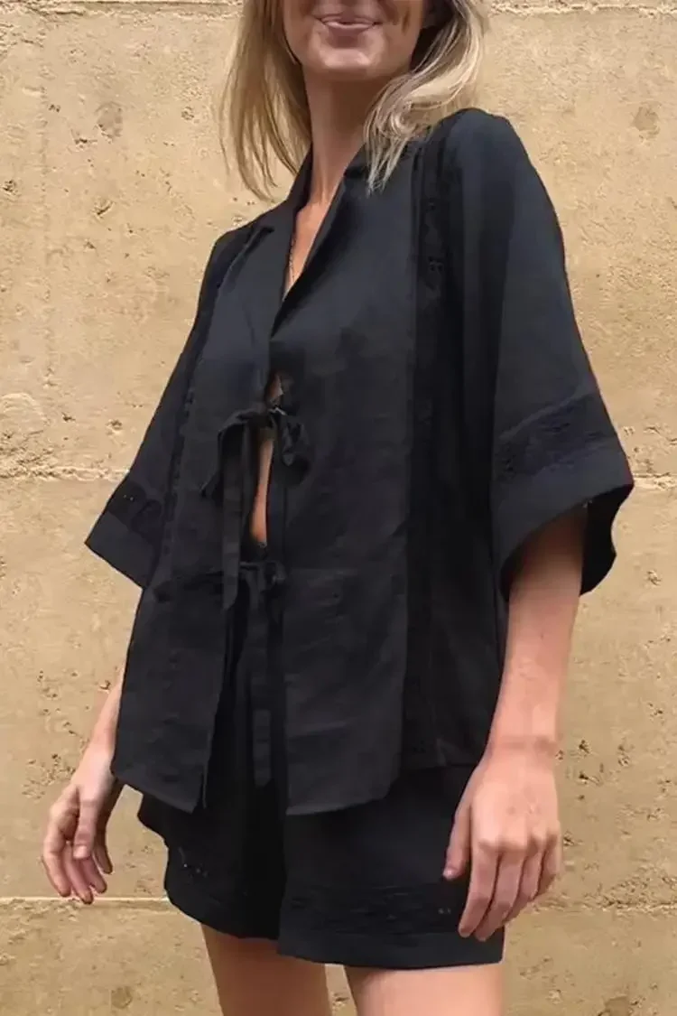 Women Summer 2 Piece Set Bow Lace Up Shirts with Shorts Chic Patchwork Short Pant Suit Solid Hollow Out Casual Sexy Outfits