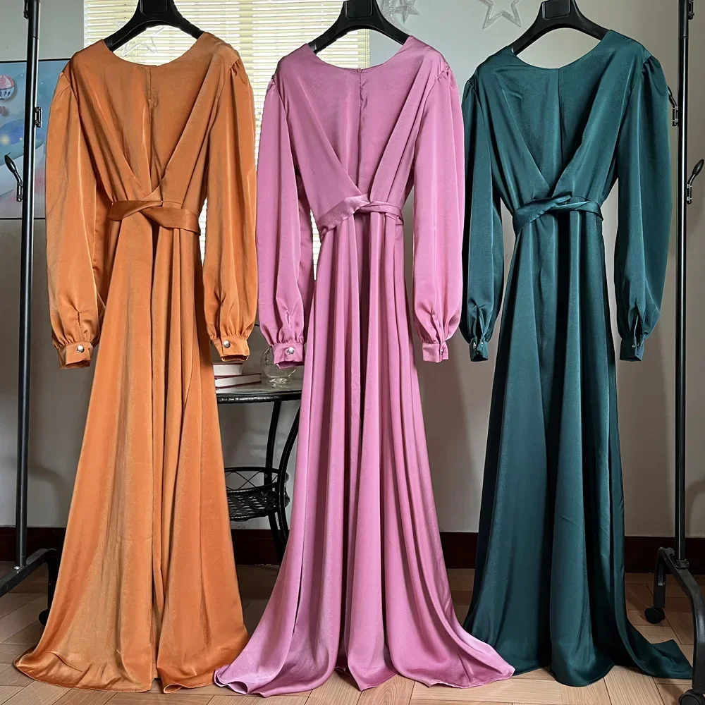 Eid Satin Abaya Modest Muslim Hijab Wrap Dress Summer Plain Abayas for Women Dubai African Dresses Turkey Islamic Kaftan Robe