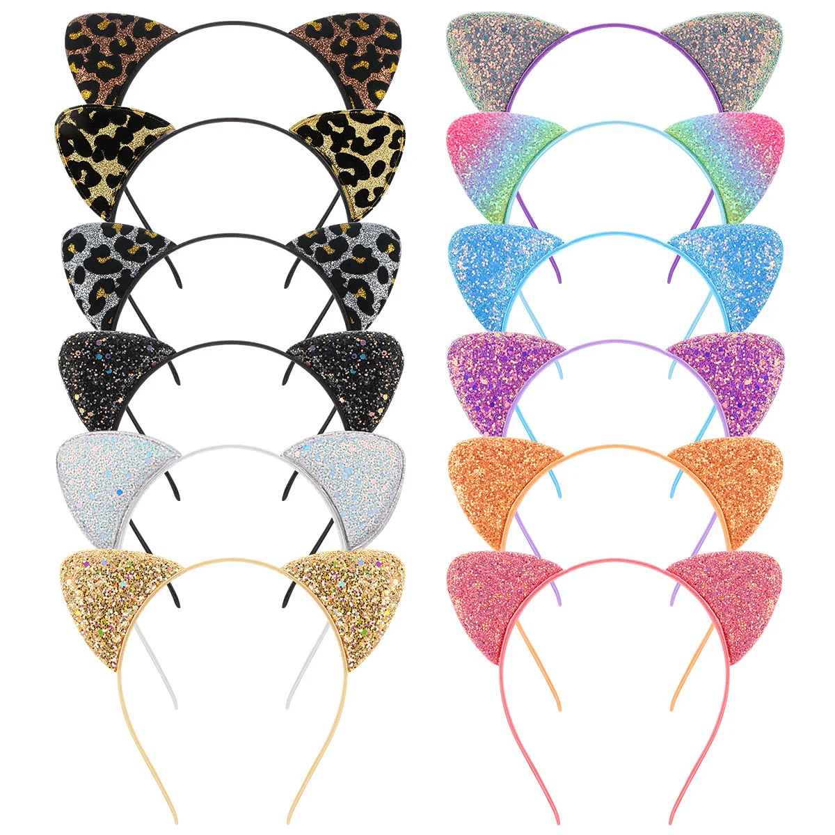 

12pcs Cat Ears Headband Glitter Cat Ears Hair Bands Sequin Leopard Ear Hair Hoops for Party Birthday