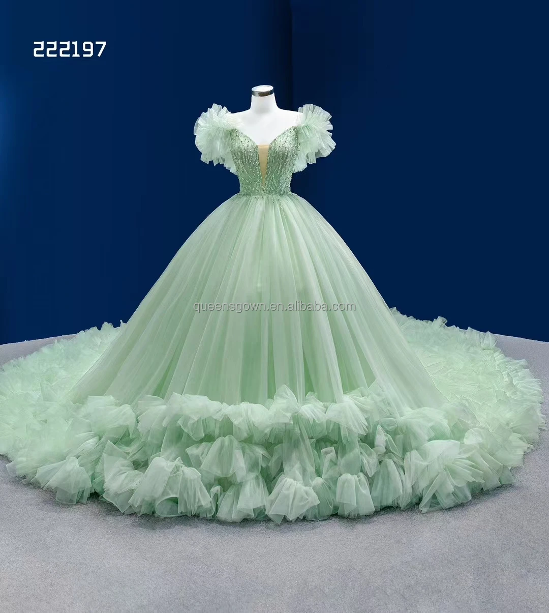 Fancy Candy Green Peri Prom Dress Dreamlike Princess Dress Mew Deep-V Tiered Ruffles Abito In Morbido Tulle Pieghettato