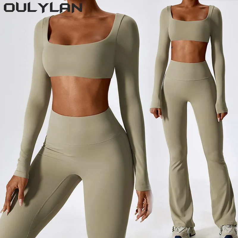 

T Shirts Bra Tank Top Loose Bell-bottoms Leggings Women's 2pcs Gym Yoga Suit Tight Fitting Sports Set Workout Breathable