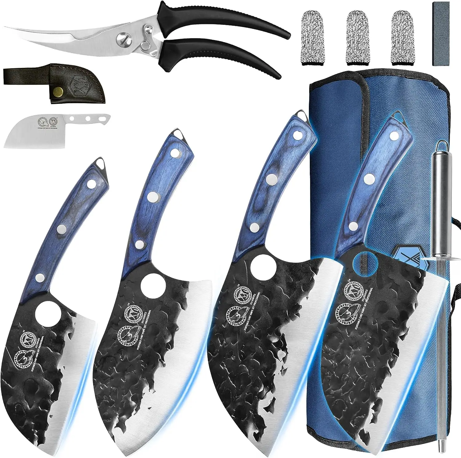 

XYj Hammer Forged Serbian Chef Knife Set 4pcs Butcher Knives With Roll Bag Scissors Whetstone Honing Steel Full Tang Camp Knife