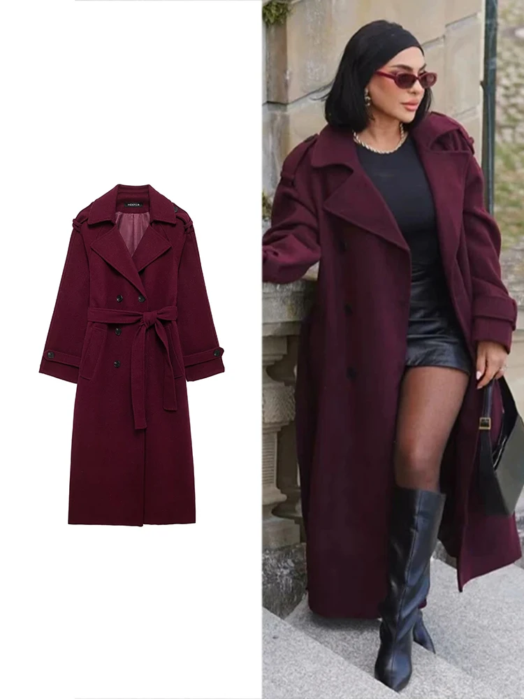 TRAF Women Fashion Street Burgundy Belted Coat Vintage Lapel