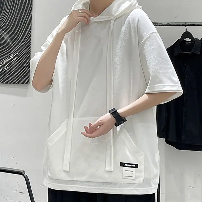 

Korean style fashion design t-shirt oversize large drawstring hooded short-sleeved sweatshirt men summer thin high-end T-shirt
