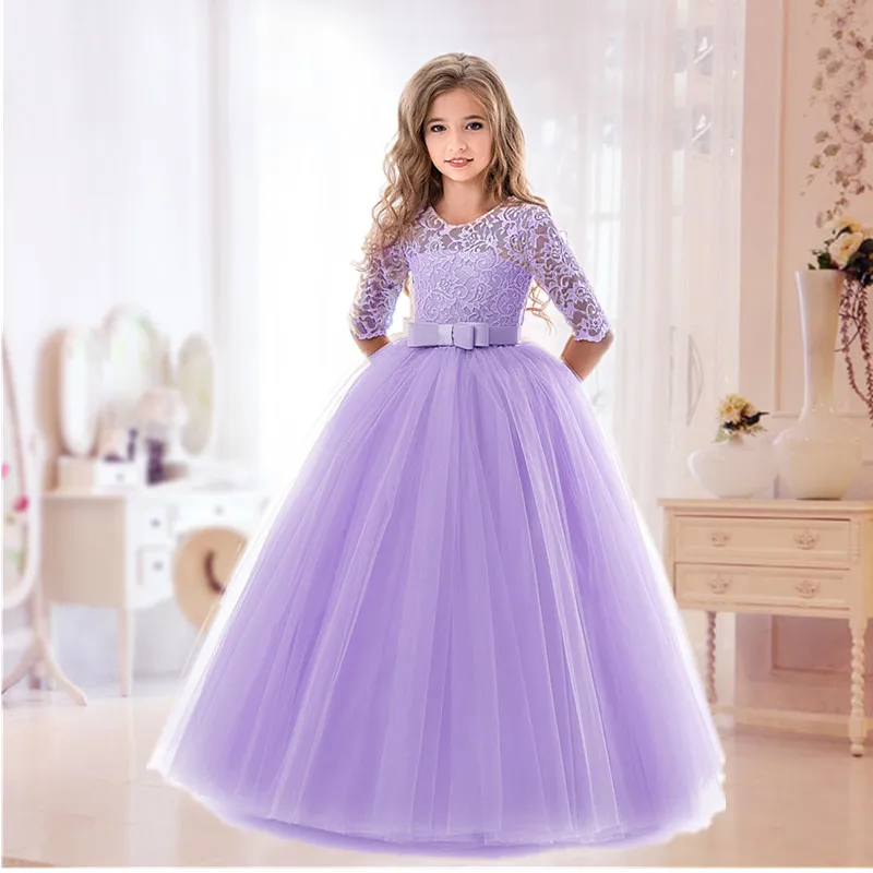 Girls Dress Princess Costume Flower Girl Wedding Banquet Lace Long Dress for Kids Elegant Puffy Lace Bow Birthday Party