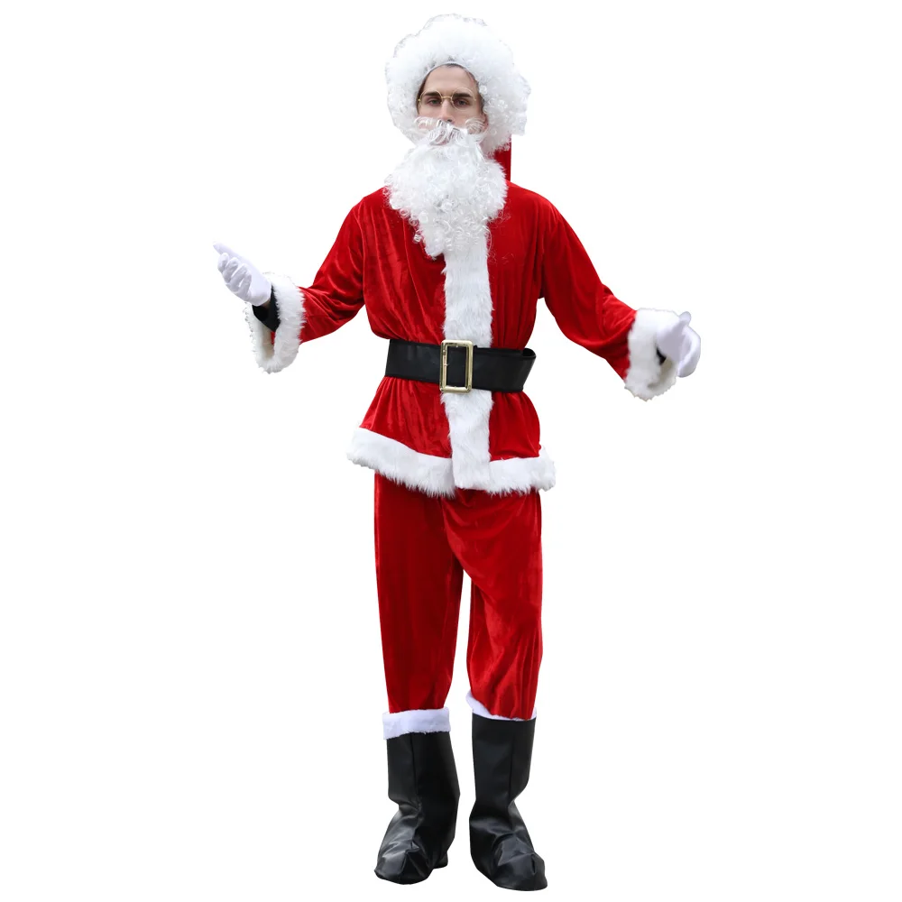 

Santa Claus Cosplay Costumes Beard Hat Belt Men Gold Velvet Material Fancy Dress Suit Adult Christmas Carnival Party