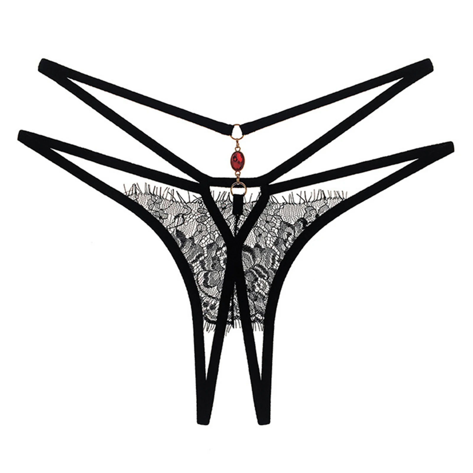 Women's Erotic Open Crotch Lingerie Panties See Through Lace Mesh Lightweight Breath Underwear Thong with Rhinestone Decor Low