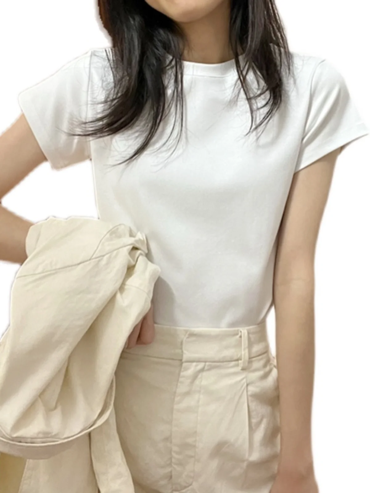 슬림핏 베이직 숄더 반팔 여성 티셔츠 여름 신상 디자인 퓨어 디자이어 다용도 순면 한국 스타일 탑