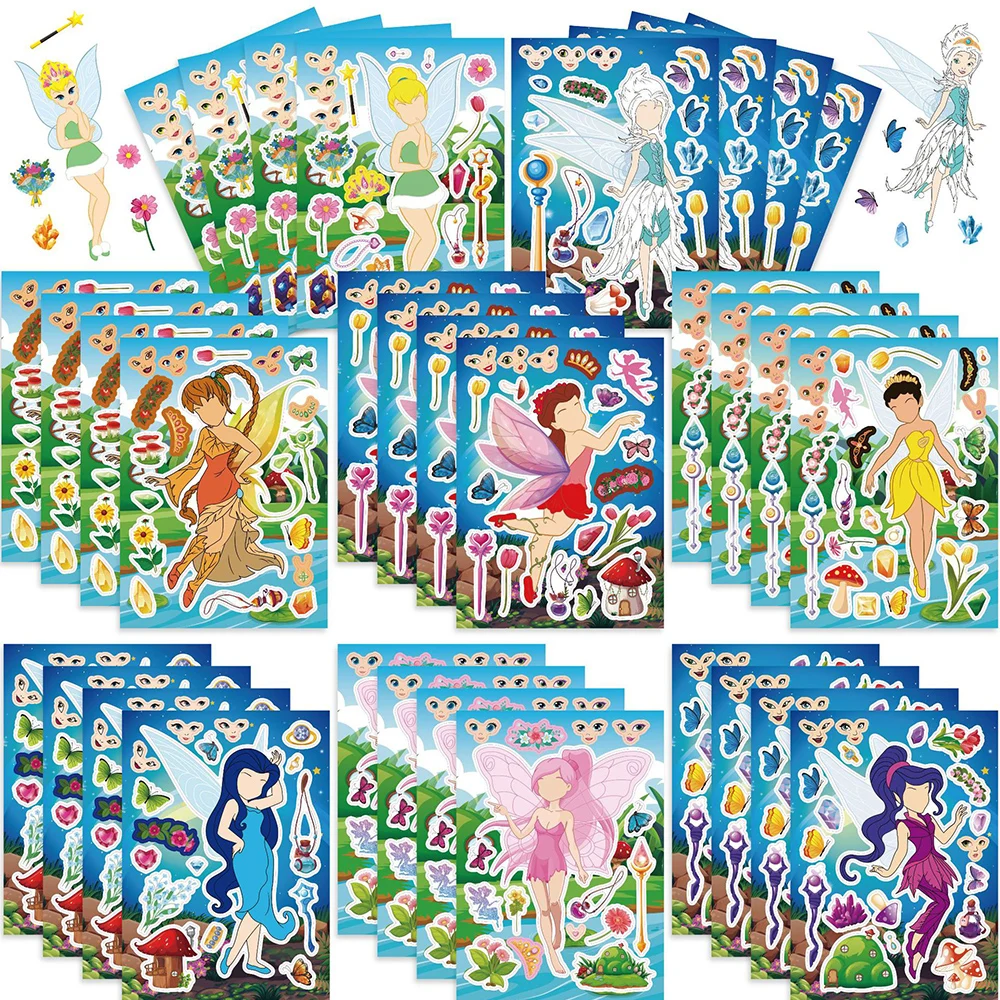 8/16Sheets Disney Tinker Bell Cartoon Puzzle Stickers for Kids Kawaii Anime Make a Face Game  Assemble Jigsaw Educational Decals 8 16sheets kawaii