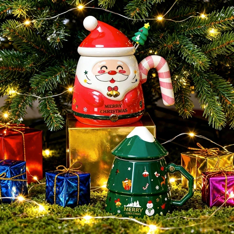 Christmas Tree Ceramic Mug Gift Set! Trendy Christmas Mug With Spoon, Unique Gift, Holiday Atmosphere Booster, New Year Surprise_voghion.com