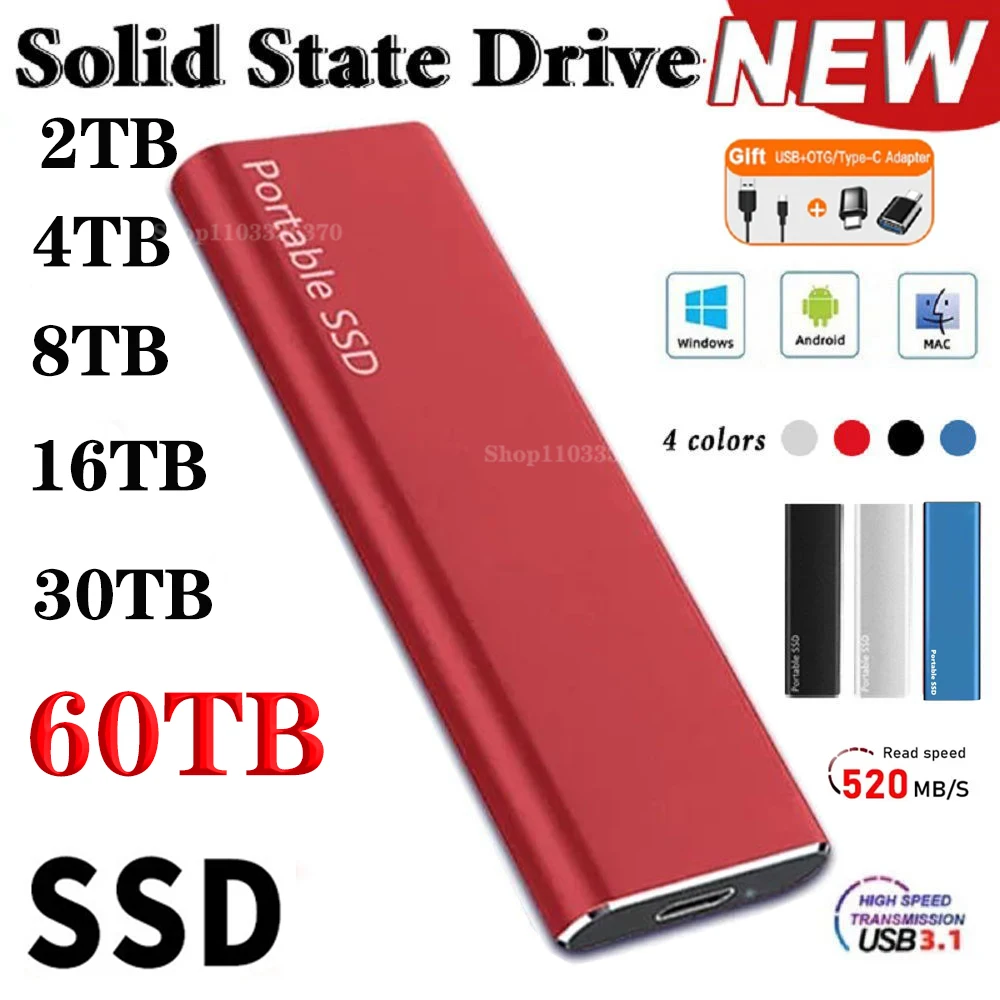 

External Hard Drive 4TB Portable SSD 1TB Solid State Drive USB3.1 Type-C Interface Storage High Speed Hard Disk for Laptop/Mac