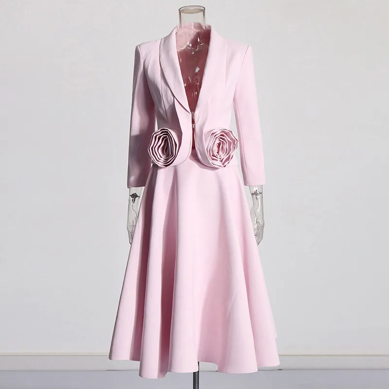 KBQ Elegant Two Piece Sets For Wommen Deep V Neck Long Sleeve Spliced Appliques Blazer High Waist Skirts Temperament Set Female