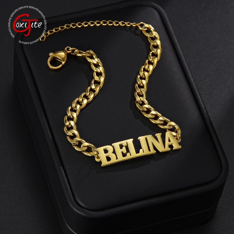 

Goxijite Customized Name Bracelet For Women Kids Stainless Steel Letter Nameplate Thick Chain Charm Bangle Bracelet Jewelry Gift