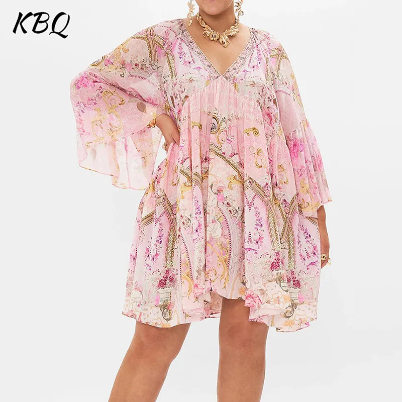 

KBQ Hit Color Printing Loose Dresses For Women V Neck Flare Sleeve High Waist Temperament Mini Dress Female Fashion Style New