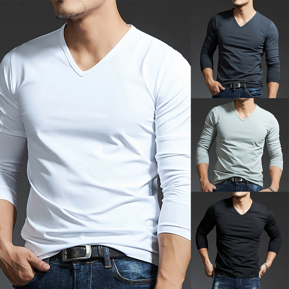 

Spring Autumn Long-sleeved Men's T Shirt Modal Muscle V Neck Slim Blouse Activewear Undershirt Male Tshirt Man Tops Tees