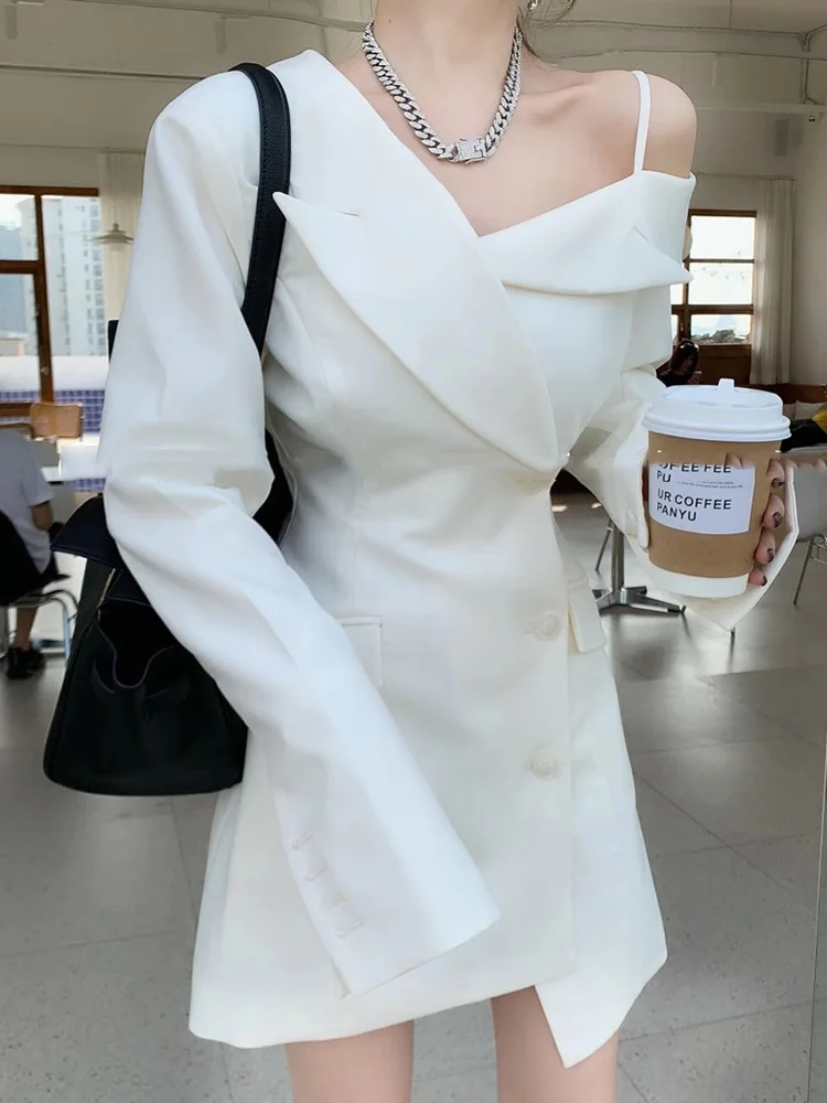 BZVW Asymmetric Off Shoulder Niche Design Sense Long Sleeved Blazers Dresses Women's 2023 Autumn New Trend A-line Female 25X2838