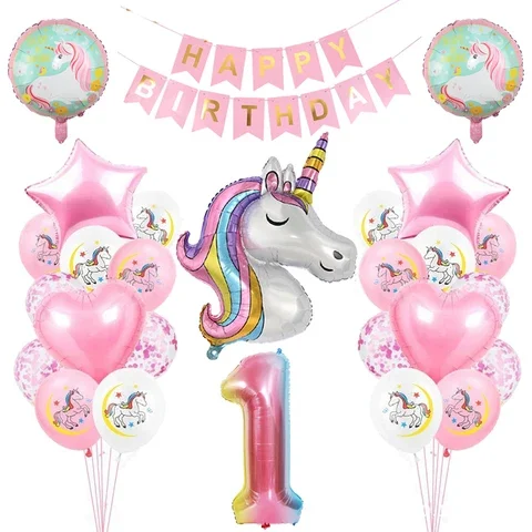 

Birthday Balloon Decor 28Pcs Rainbow Unicorn Balloon Number Globos for Girls First Birthday Party Decoration 1 2 3 4 5 Years Old
